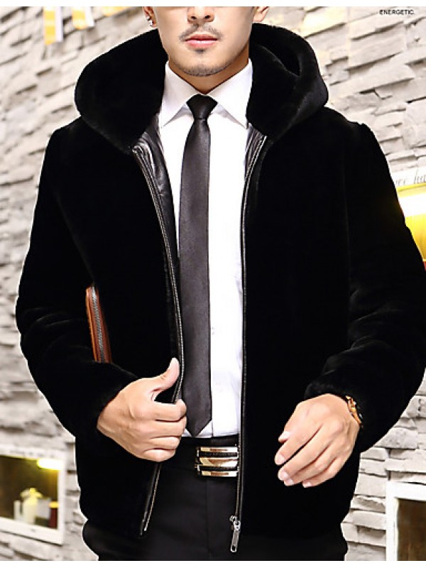 Men's Casual/Daily Simple Fur Coat,Solid Hooded Long Sleeve Winter Black Wool Thick