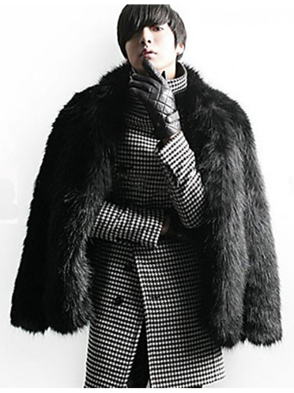 Men's Special Occasion / Plus Size / Casual/Daily Street chic / Punk & Gothic / Tops Fur Coat,Solid Shirt Collar Long Sleeve Winter Black