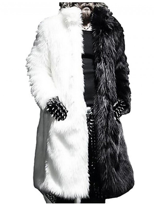 Men's Solid / Color Block Casual / Plus Sizes Trench coat,Faux Fur Long Sleeve-Black / White