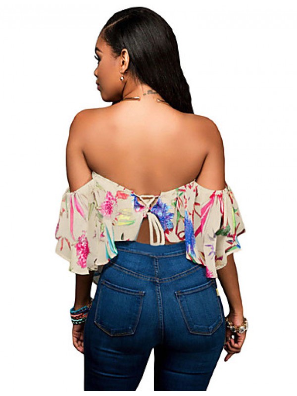 Women's Multicolor Print Off Shoulder Apricot Crop Top