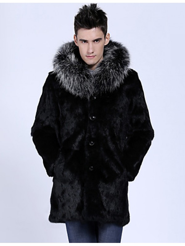 Men's Casual/Daily / Formal / Work Vintage / Street chic Hodded Fur Coat Solid Long Sleeve Winter Black Faux Fur Thick