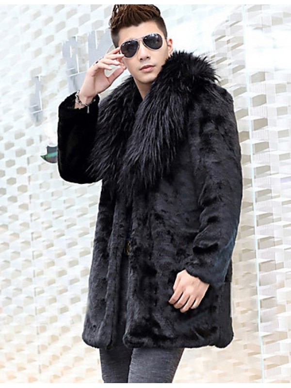 Men's Special Occasion / Plus Size / Casual/Daily Street chic / Punk & Gothic / Tops Fur Coat,Solid Shirt Collar Long Sleeve Winter Black