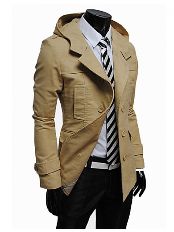 Men's Solid Casual Trench coat,Cotton Blend Long Sleeve-Black / Brown / Yellow / Tan