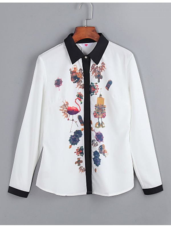 Women's Wild Commuter Contrast Color Stitching Print Long Sleeve Chiffon Shirt