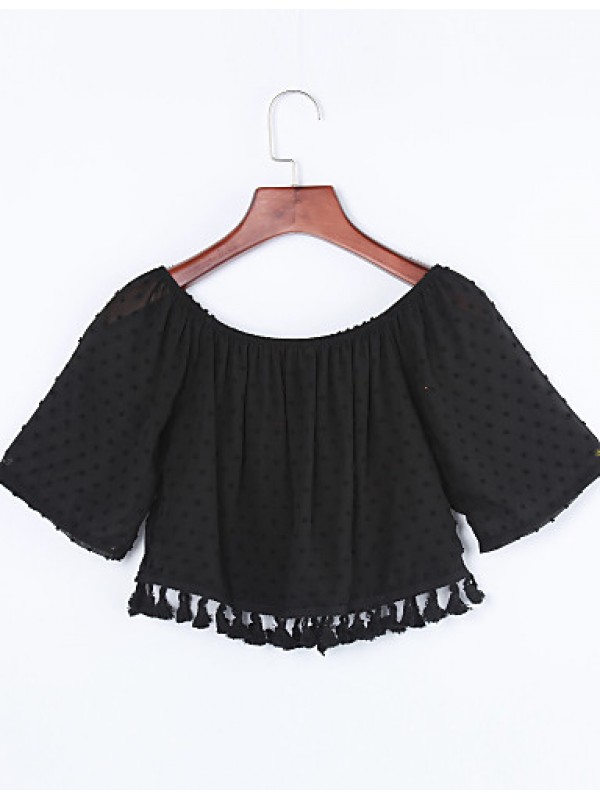 Women's Sexy Summer Blouse,Polka Dot Strapless Short Sleeve Black Others Opaque