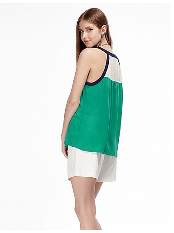 Women's Casual/Daily Simple Summer Tank Top,Patchwork Off Shoulder Sleeveless Green Polyester Thin