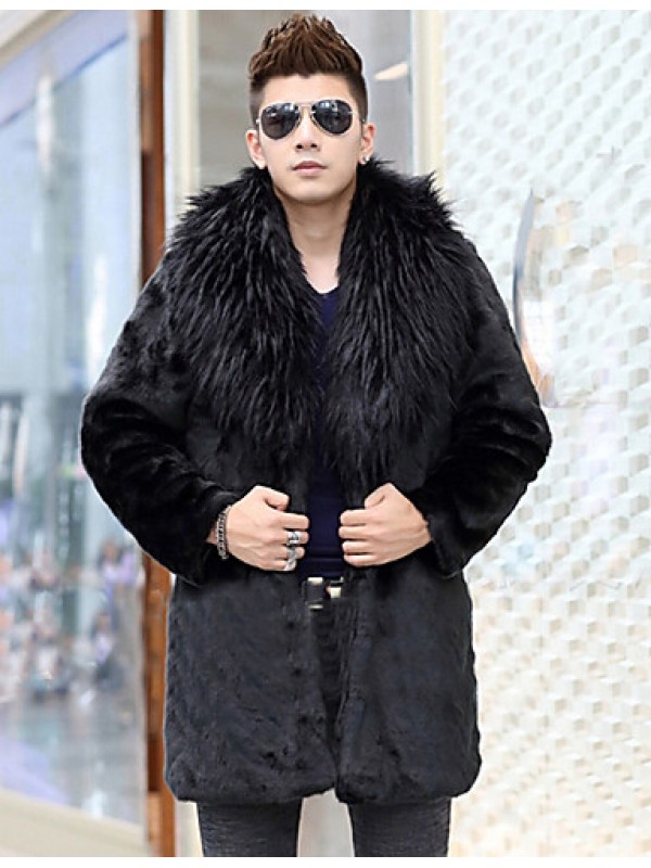 Men's Special Occasion / Plus Size / Casual/Daily Street chic / Punk & Gothic / Tops Fur Coat,Solid Shirt Collar Long Sleeve Winter Black