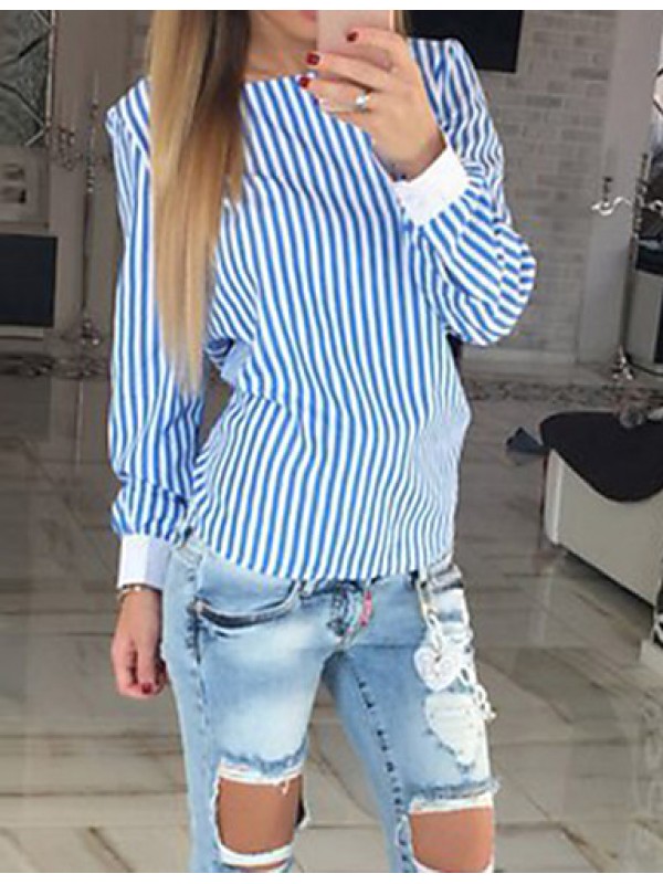 Women's Casual/Daily Sexy Blouse,Striped Boat Neck Long Sleeve Blue / Pink Cotton / Polyester Thin