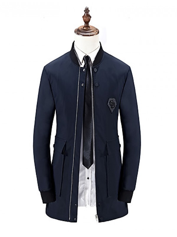 Men's Solid Casual / Formal / Plus Sizes Trench coat,Bamboo Fiber / Polyester Long Sleeve-Black / Blue