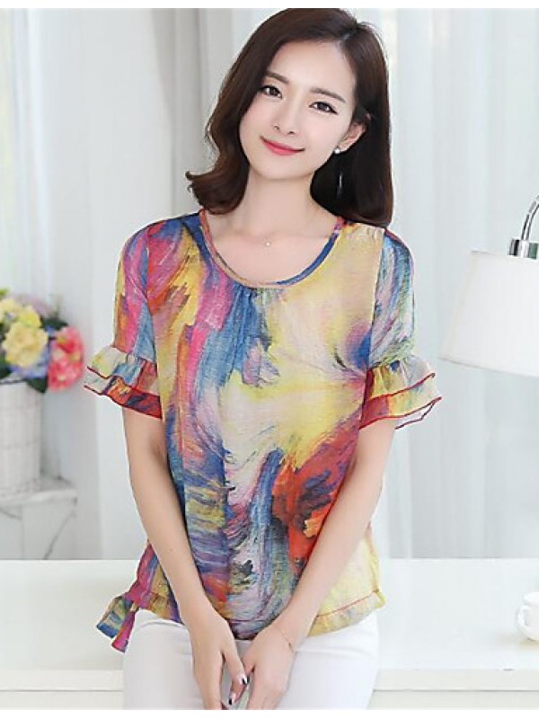 Women's Casual/Daily Sexy Summer / Fall Blouse,Print Round Neck Short Sleeve Blue Polyester Medium