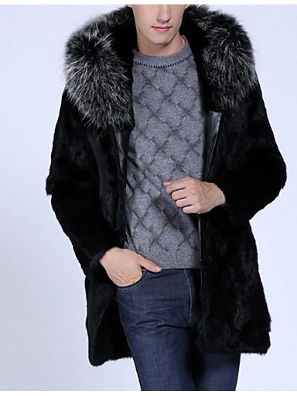 Men's Special Occasion / Plus Size / Casual/Daily Street chic / Punk & Gothic / Tops Fur Coat,Solid Shirt Collar Long Sleeve Winter Black