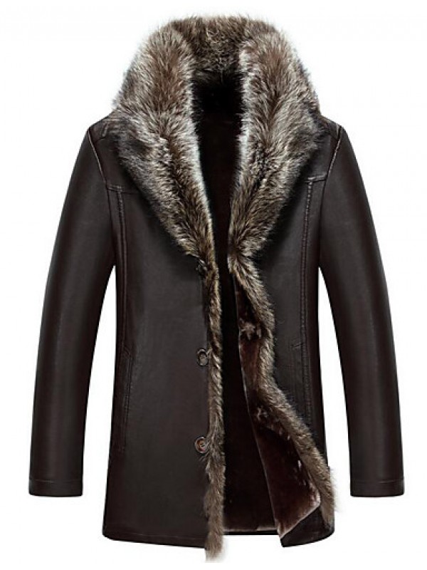 Men's Plus Size / Casual/Daily Simple Fur Coat,Solid Long Sleeve Red / Black / Brown Special Leather Types