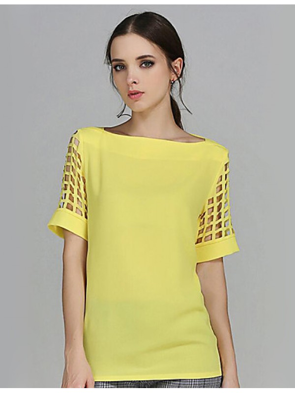 Women's Solid Yellow Blouse,Boat Neck Short Sleeve