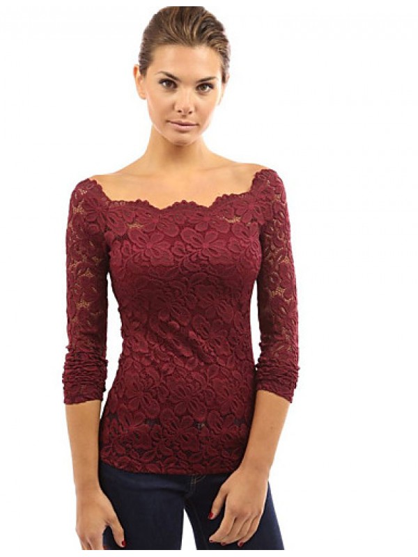 Women's Casual/Daily Simple Fall T-shirt,Solid Boat Neck Long Sleeve Red / White / Black Spandex Medium