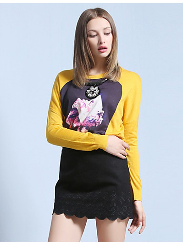 Women's Going out Street chic Spring / Fall T-shirtPrint Round Neck Long Sleeve White / Black / Yellow Wool