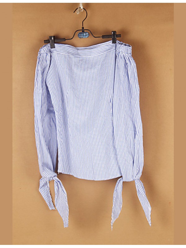 Women's Casual/Daily Sexy / Street chic Spring Blouse,Striped Boat Neck Long Sleeve Blue / White Polyester Thin