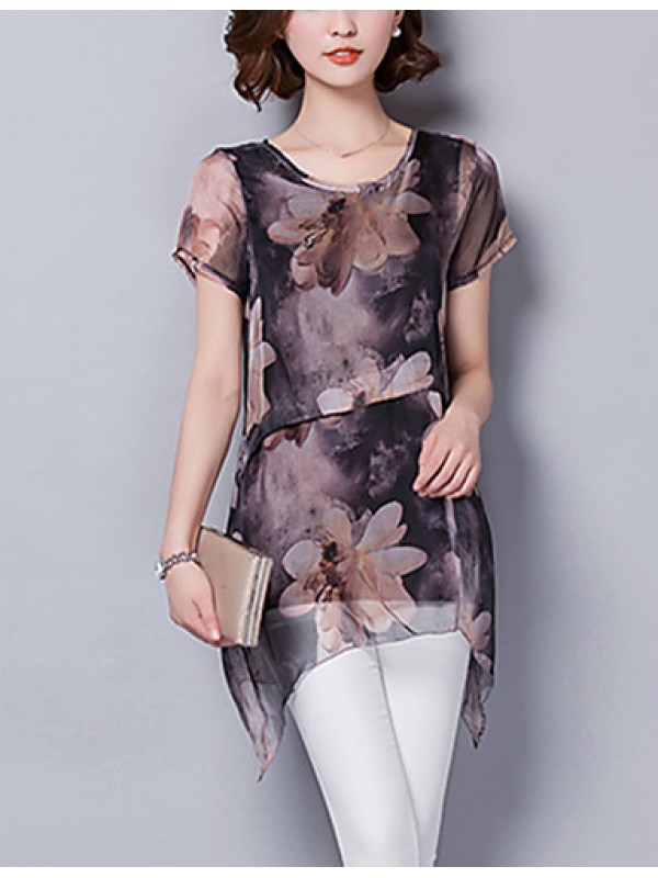 Women's Going out / Casual/Daily Street chic ,Print Round Neck Short Sleeve Brown Polyester Thin