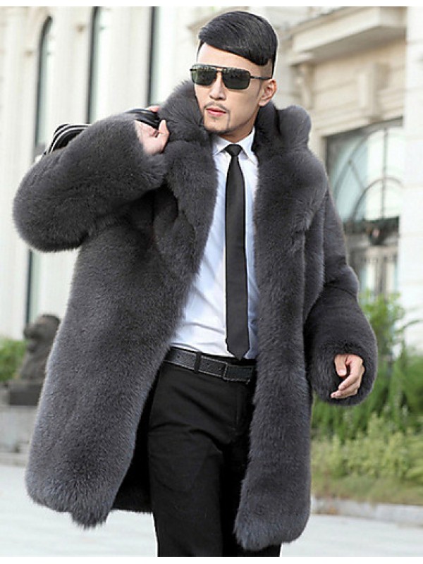 Men's Plus Size Street chic Fur Coat,Solid Shirt Collar Long Sleeve Winter Gray Faux Fur Thick