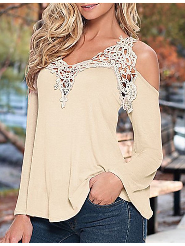 Women's Patchwork Lace Strap Off-The-Shoulder All Match Loose Casual V Neck Long Sleeve Plus Size T-shirt