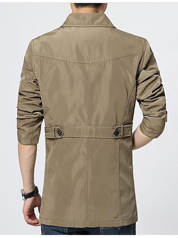 Men's Solid Casual Trench coat,Cotton / Polyester Long Sleeve-Black / Yellow