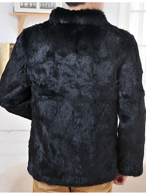 Men's Casual/Daily Simple Fur Coat,Solid Shirt Collar Long Sleeve Winter Black Rabbit Fur Thick