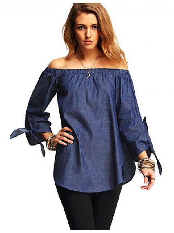 Women's Casual/Daily Street chic Summer Blouse,Solid Boat Neck Long Sleeve Blue / White / Gray Polyester Medium