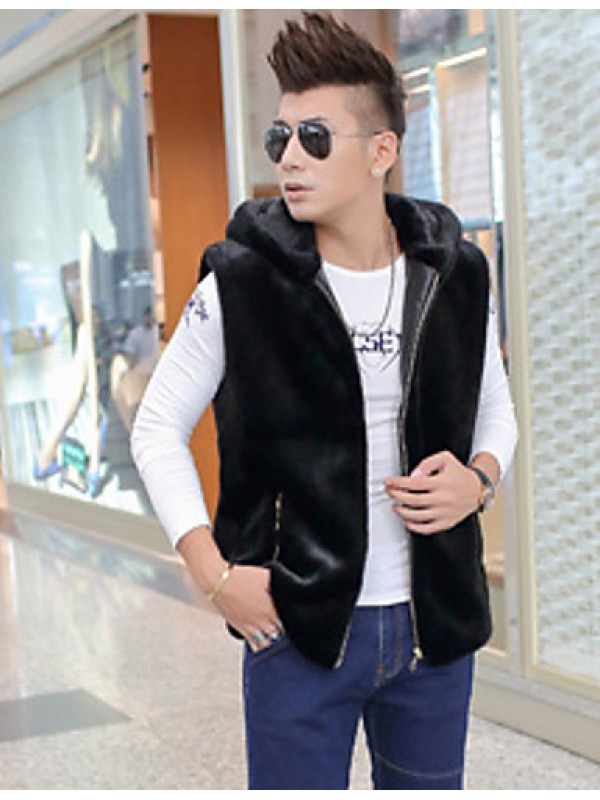 Men's Plus Size Street chic Fur Coat,Solid Hooded Sleeveless Winter Black Faux Fur Thick