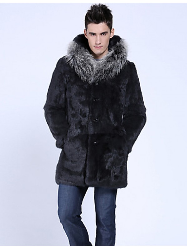 Men's Casual/Daily / Formal / Work Vintage / Street chic Hodded Fur Coat Solid Long Sleeve Winter Black Faux Fur Thick