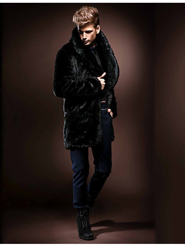 Men's Formal / Work Vintage / Street chic Coat Solid Peaked Lapel Long Sleeve Winter Faux Fur Black Thick