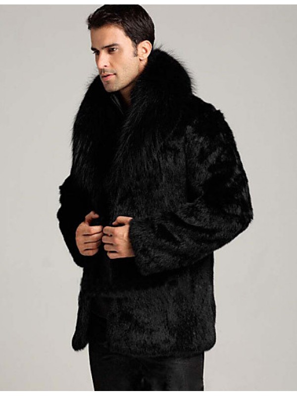 Men's Casual/Daily / Work / Plus Size Simple Fur Coat,Solid V Neck Long Sleeve Winter Black Faux Fur Thick