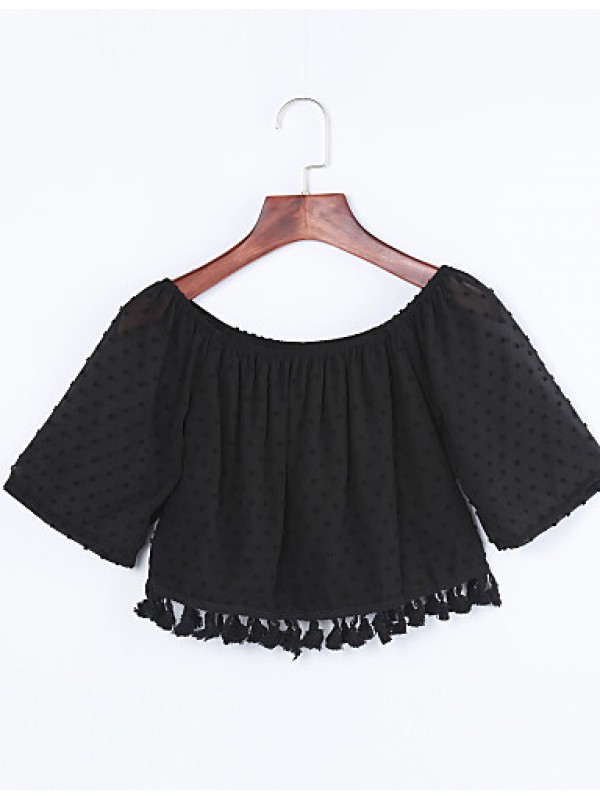 Women's Sexy Summer Blouse,Polka Dot Strapless Short Sleeve Black Others Opaque