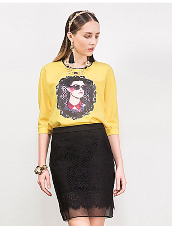 Women's Going out Street chic Spring / Fall T-shirtPrint Round NeckSleeve Yellow Polyester / Spandex Medium