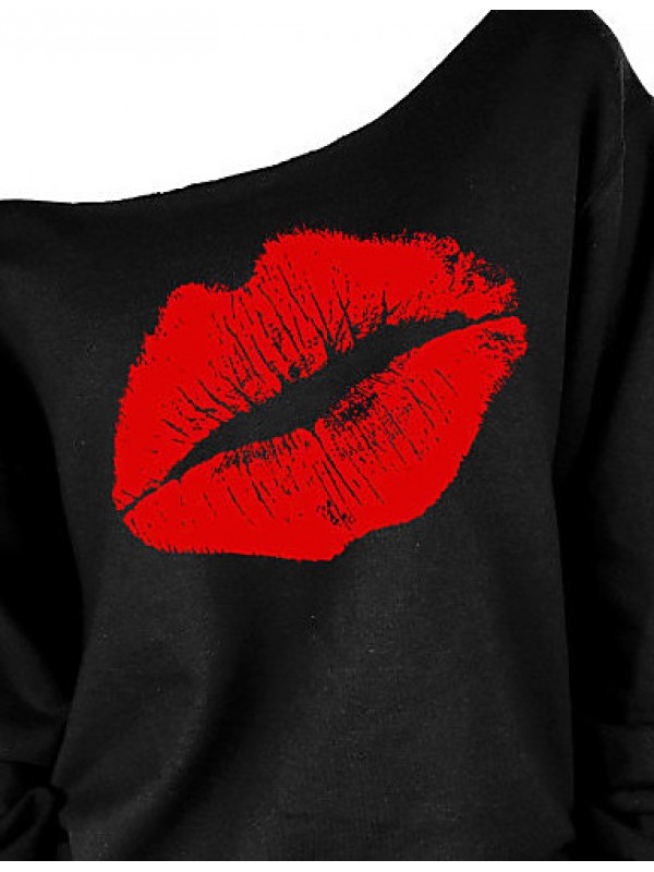 Women's Going out Sexy / Street chic T-shirt,Print One Shoulder Long Sleeve Red / White Cotton Medium